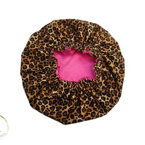 Cheetah/Leopard 100% Satin Lined Bonnet | Large Double Layer Adult Sleep Cap For Hair Protection