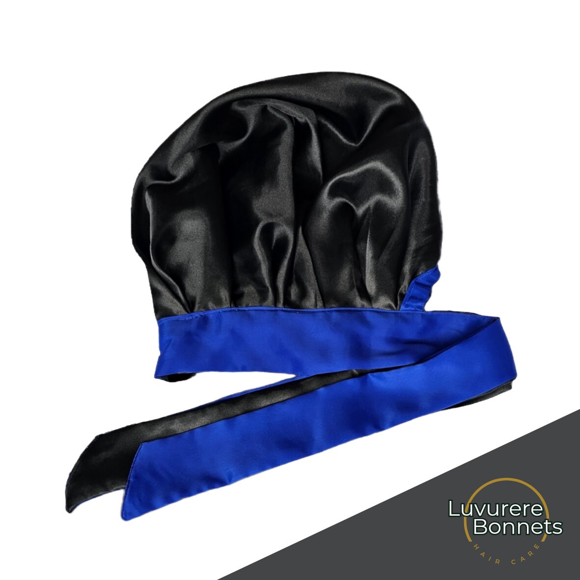 Satin Reversible Bonnet W/ Straps - Stylish Black & Royal