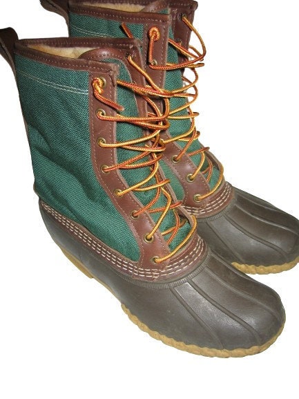 Vintage LL Bean Mens Shearling Sherpa Lined Green Canvas Leather Rubber Rain Duck Boots 7M 10 women 10 Etsy