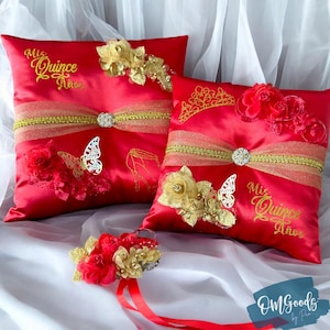 Red Quinceanera Pillow Set | Sweet 16 Full Set, Handmade & Personalized Cushion for Crown Ceremony and Party Decoration.
