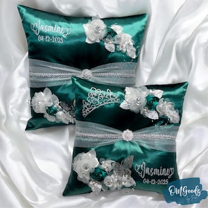 Personalized Hunter Green Quinceañera Pillow Set: Handmade Party Accessories for Sweet 16 Crown Ceremony