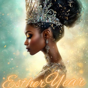 May include: A side profile of a person wearing a jeweled crown and earrings. The person is wearing a sparkling gown. The image has the text "Esther Year" in an orange font.