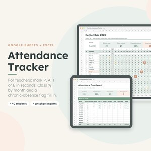 Teacher Attendance Tracker Spreadsheet, Google Sheets and Excel, Student Attendance, 40 Students, 10 Months