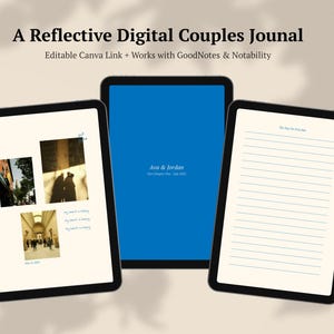 May include: Three digital tablets with black bezels. The center tablet displays a blue screen with white text. The left tablet shows photos and handwritten text. The right tablet has lined paper. Text at the top reads: "A Reflective Digital Couples Journal."