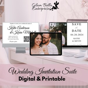 May include: A digital wedding invitation suite featuring a couple's photo on a tablet, a save the date card on a computer screen, and a wedding invitation on a desktop computer. The text on the invitation reads "Together we invite you to celebrate the union of Katie Anderson & Kevin Mitchell. Saturday, April 20, 2024. Save the date at the ceremony. The City Hotel, Miami, Florida. Reception to follow."