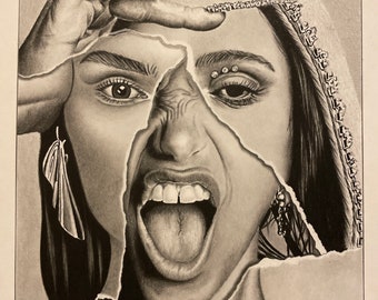 May include: A black and white pencil drawing of a woman's face. The face is split into multiple pieces, with the woman's mouth open in a scream. The drawing is signed "Reagan'20".