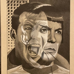 May include: A black and white pencil drawing of a man's face, split in two. The left side of the face is screaming, while the right side is stoic. The drawing is signed "Reagan '19" in the bottom right corner.