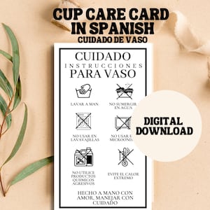 Cartão de cuidados com o copo em espanhol, Cuidados com o copo de flores em espanhol, Instruções para copo, Cartão de cuidados em espanhol, Png Ready Print Easy Use