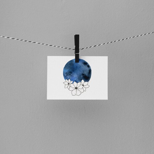 Original Watercolor Abstract Full Floral Moon, Navy shops Blue Wall Art