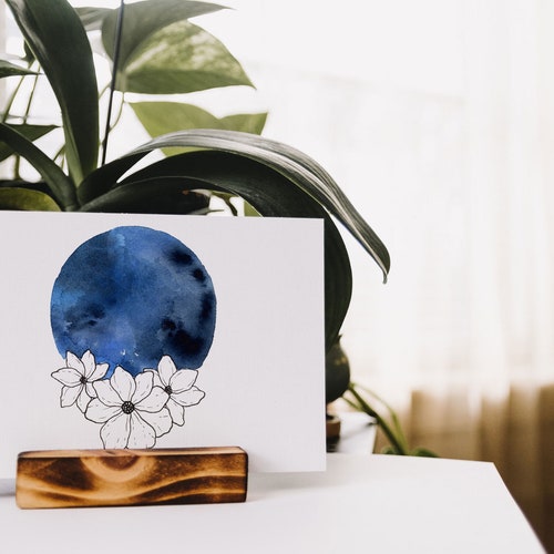 Original Watercolor Abstract Full Floral Moon, Navy shops Blue Wall Art