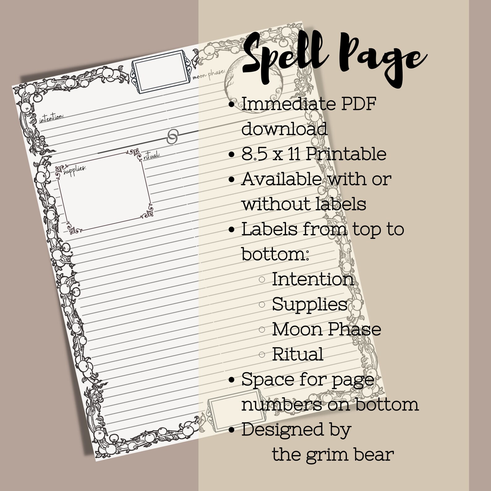 Printable Spell Page LABELED Lined PDF Grimoire Spell Page Blank Book ...