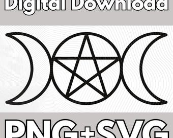 Triple Moon with Pentacle - Digital Download PNG + Witchy SVG files