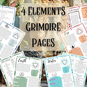 Printable 4 Elements PDF Full Color Transparent Background Grimoire Pages for Air Fire Earth Water Digital Download Printable Page 8.5 x 11