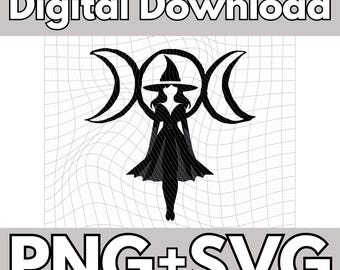 Triple Moon with Witch - Digital Download PNG + SVG | Witchy SVG Files