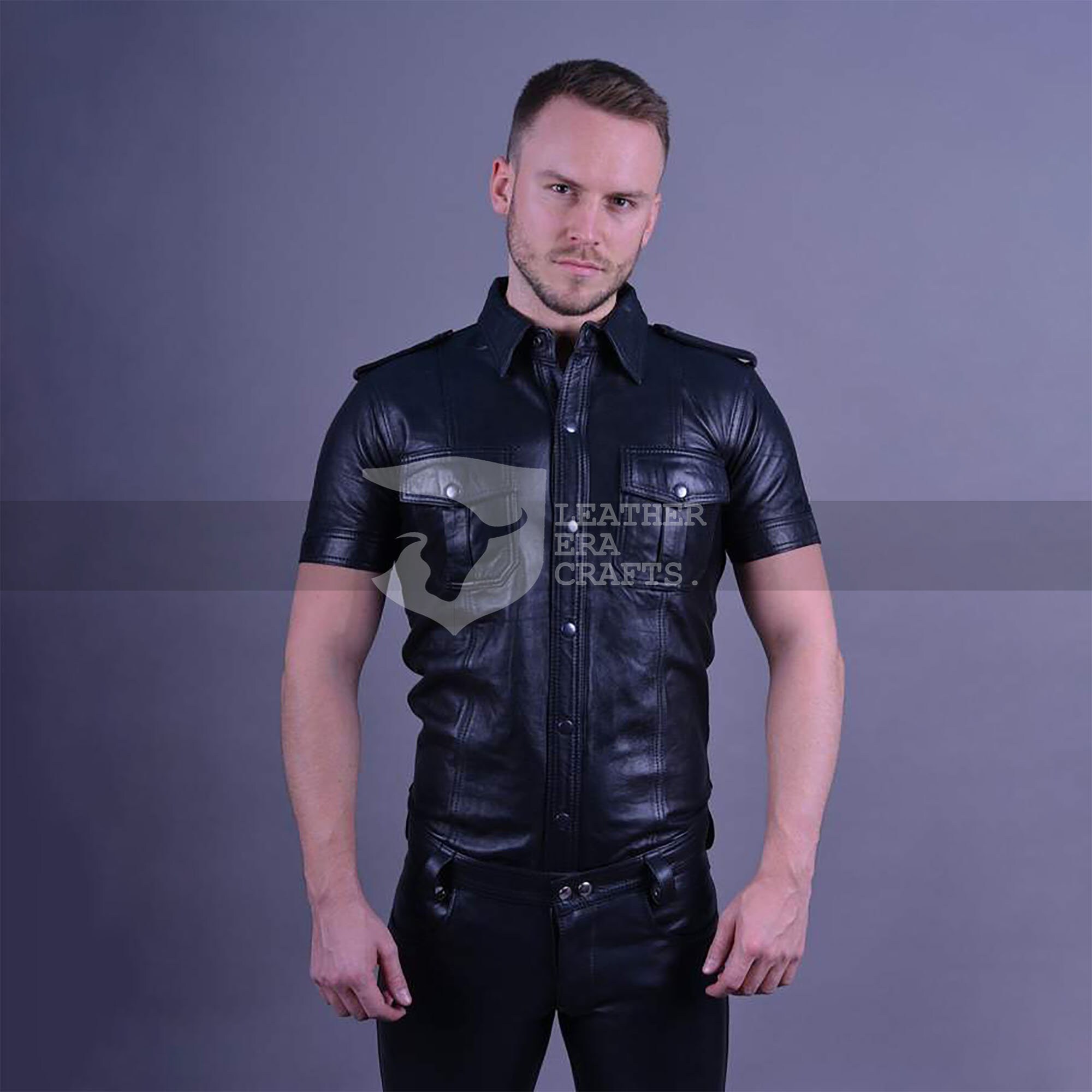 Black Leather TShirt with Shoulder Straps and Two Front Etsy