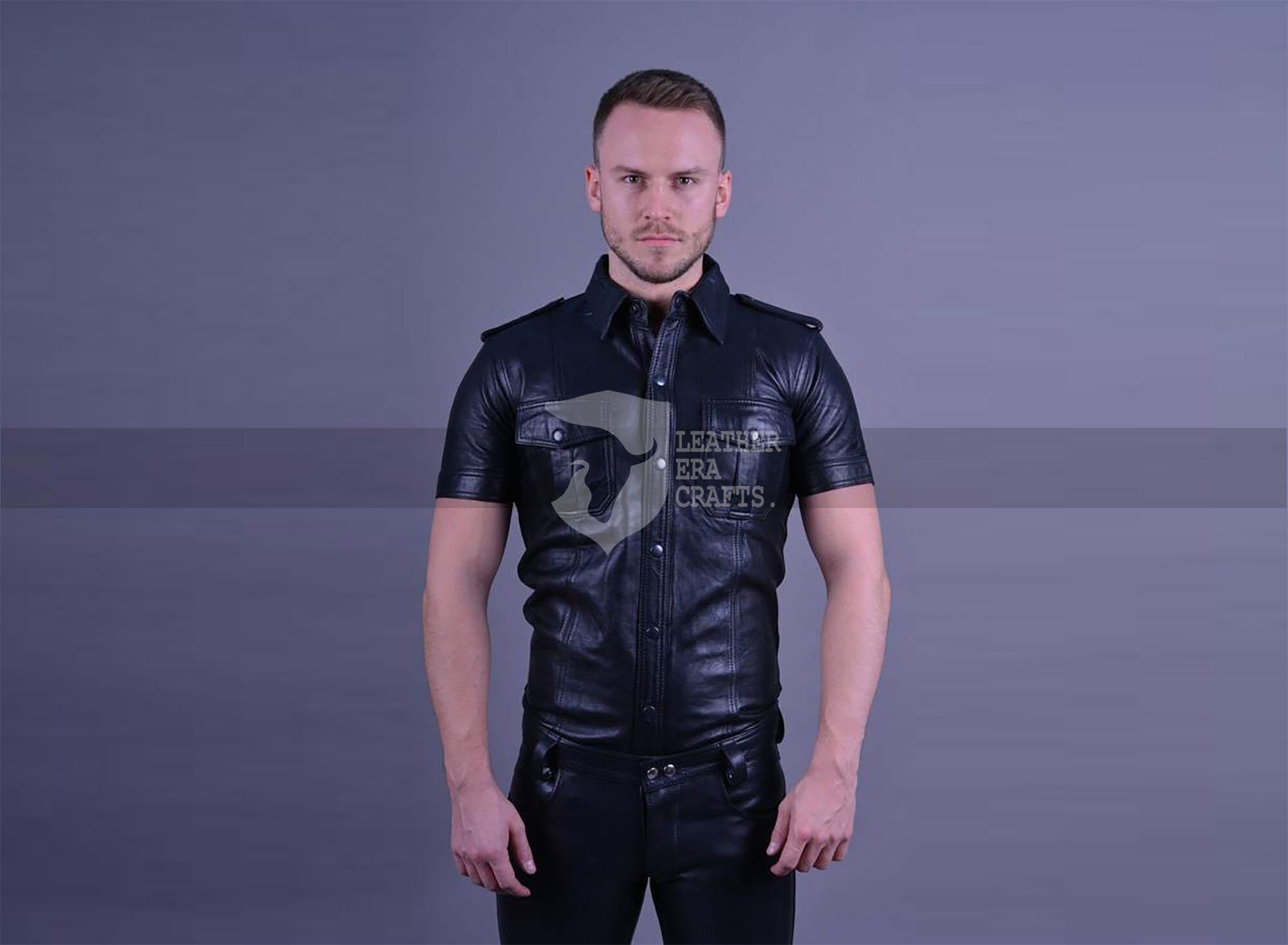 Black Leather TShirt with Shoulder Straps and Two Front Etsy