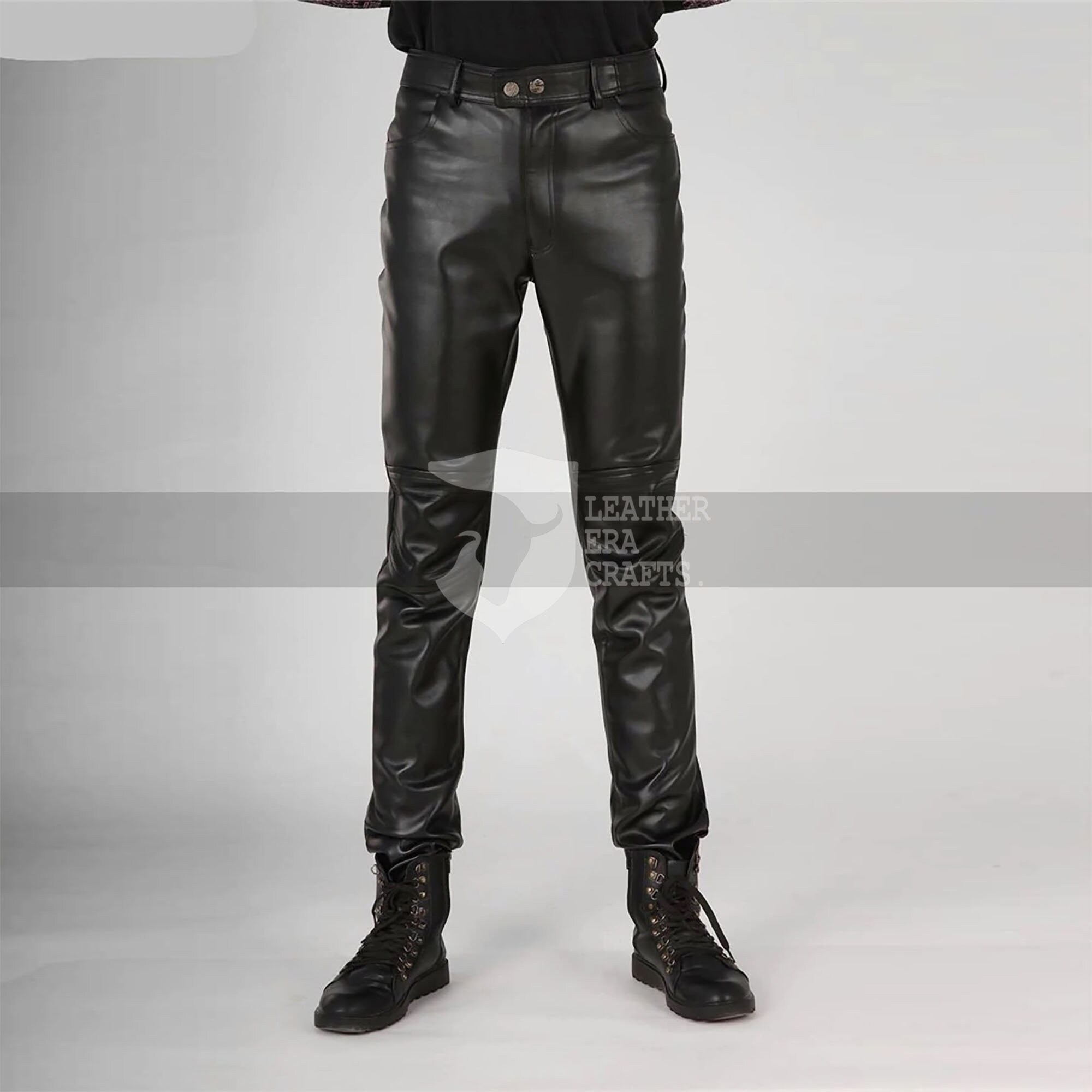 Men's Pure Leather Motorcycle Slim Fitted Pants Autumn Etsy