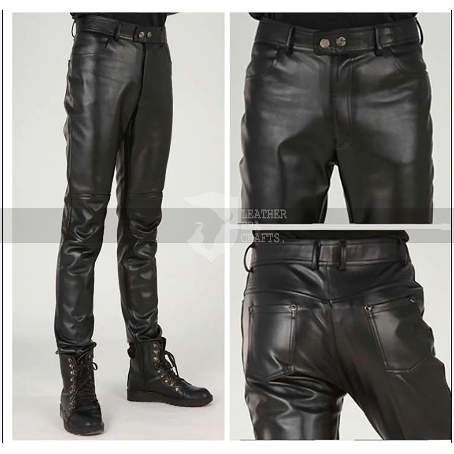 Men's Pure Leather Motorcycle Slim Fitted Pants Autumn Etsy