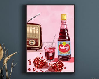 Roohafza Granatapfel Druck, Rot Rosa Südasiatische Küche Dekor Desi Kunst