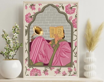 Frau Pink Grün Saree lesend | Desi Bibliophile Wandkunst | Buchliebhaber Druck