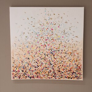 Peut inclure: Peinture abstraite sur toile avec un fond blanc et un motif texturé coloré. Le motif présente une variété de couleurs, notamment le rose, le bleu, le jaune, le vert et l'orange. Les couleurs sont disposées de manière aléatoire, créant une composition dynamique et énergique.