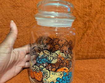 Tarro de cristal vintage con estampado de frutas, 18 cm de alto / con tapa hermética