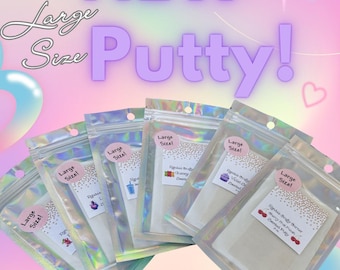 May include: Several clear bags of white putty, each marked "Large Size," are displayed against a pastel pink and purple backdrop. The image features the text "NEW Putty!" and ".9oz."