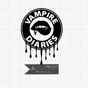 May include: Black and white graphic design of a dripping circle with the words "Vampire Diaries" around the outside. Inside the circle is a white vampire mouth with fangs and red dripping blood.