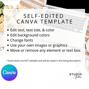 May include: A white laptop sits on a woven mat, with text that reads "SELF-EDITED CANVA TEMPLATE." The template allows users to edit text, background colors, and fonts, and use their own images. A Canva logo is visible.