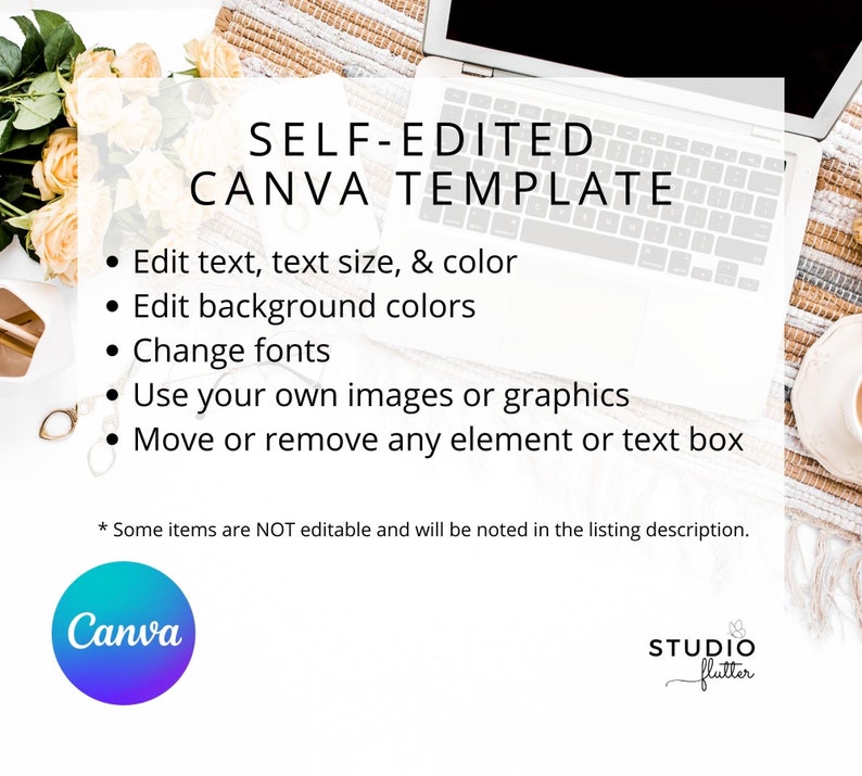 May include: A white laptop sits on a woven mat, with text that reads "SELF-EDITED CANVA TEMPLATE." The template allows users to edit text, background colors, and fonts, and use their own images. A Canva logo is visible.