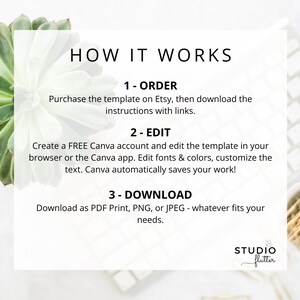 May include: A white graphic with the text "HOW IT WORKS" and numbered steps for using a template. The steps include ordering on Etsy, editing in Canva, and downloading as PDF, PNG, or JPEG. The Studio Flutter logo is in the bottom right corner.