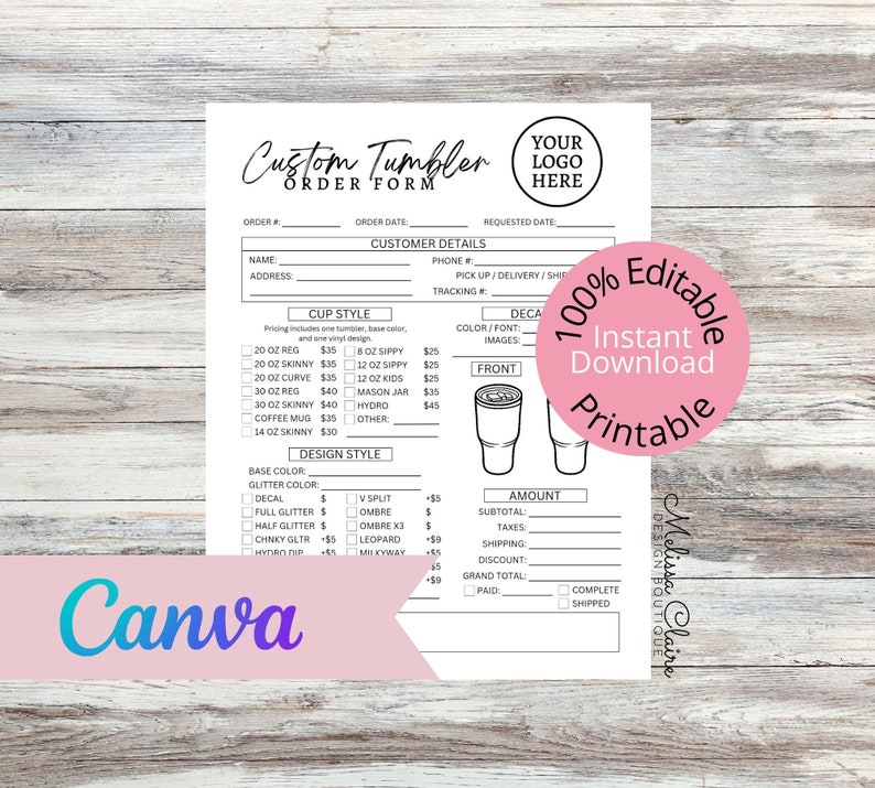 Editable Tumbler Order Form Template, Canva Forms, Custom Tumbler Order
