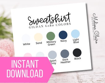 Sweatshirt Color Chart, Gildan G180 Color Chart, Unisex Fleece Crew Sweatshirt Color Chart, Embroidery Business, Embroidery Color Chart
