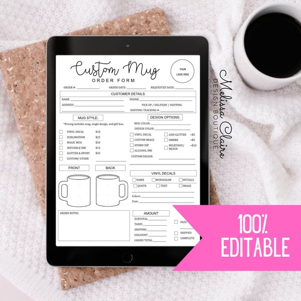 Editable Coffee Mug Order Form Template, Custom Coffee Mug Form, Order Ready Printable, Editable Mug Work Order, Instant Download