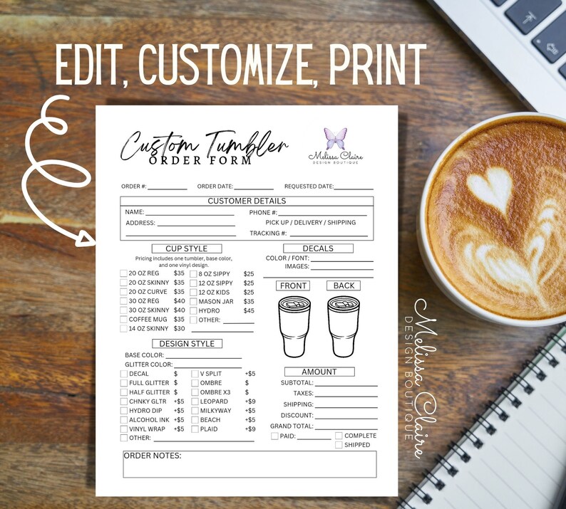 Editable Tumbler Order Form Template, Canva Forms, Custom Tumbler Order