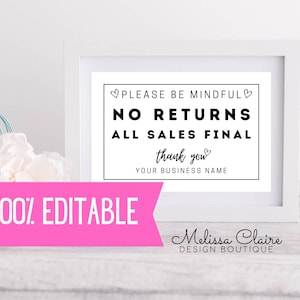 Editable No Returns Sign Template, Printable All Sales Final Sign, Customizable No Returns All Sales Final Template