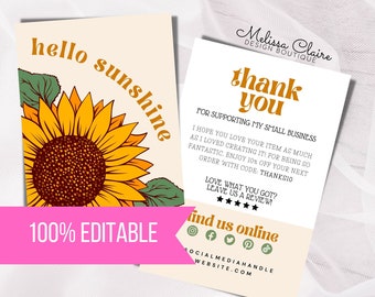 Editable Business Thank You Card, Retro Business Thank You Card Template, Sunflower Printable Thanks For Your Purchase, Business Mailer