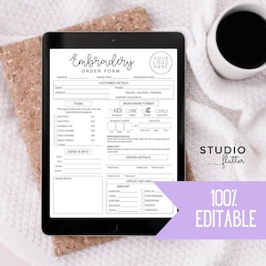 May include: A black and white printable embroidery order form with sections for customer details, items, sizing and info, design details, and office use only. The form includes a monogram format section with options for initials, standard name, and daily name.