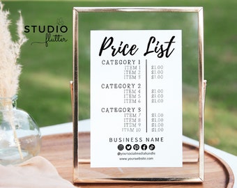 Sign Editable Price List Printable Payment Sign Editable Pricing Sheet Price Guide Instant Download Price Sheet Canva Template