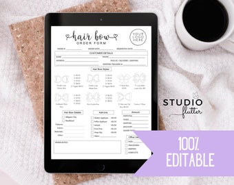 May include: A printable hair bow order form with a pink and white background. The form includes sections for customer details, hair bow styles, add-ons, and order notes. The form also includes a section for office use with checkboxes for paid, processing, shipped, and complete.