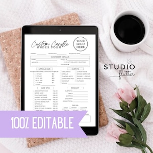 May include: A digital tablet displaying a customizable candle order form with options for size, scent, add-ons, and payment methods. The form is titled "Custom Candle Order Form" and includes the text "YOUR LOGO HERE".
