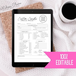 May include: A black and white printable custom candle order form with sections for customer details, candle size, scents, add-ons, amount, and payment. The form has a title that says "Custom Candle Order Form" and a space for a logo.