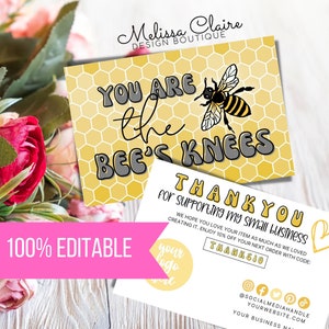 Può includere: Biglietti da visita a tema api. Una carta presenta la frase "You are the bee's knees" con un'illustrazione di un'ape. L'altra carta dice "Thank you for supporting my small business". Le carte sono gialle e bianche.