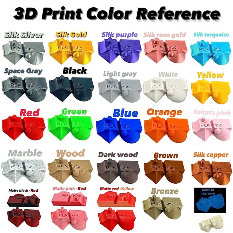 Puede incluir: Una tabla de referencia de color para impresi&oacute;n 3D, que muestra varios colores y acabados de filamento. La tabla incluye colores como plata, oro, morado, oro rosa, turquesa, gris espacial, negro, gris claro, blanco, amarillo, rojo, verde, azul, naranja, rosa sakura, m&aacute;rmol, madera, madera oscura, marr&oacute;n, cobre sedoso, negro mate-rojo, rosa mate-rojo, rojo mate-amarillo, bronce y brillo en la oscuridad.