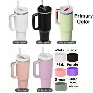 May include: Six stainless steel travel mugs with different colored silicone boots. The mugs are white, black, light green, pink, and purple. The text "Primary Color" is at the top of the image. The text "White Black Pink Purple Green Silicon boot included" is at the bottom of the image.