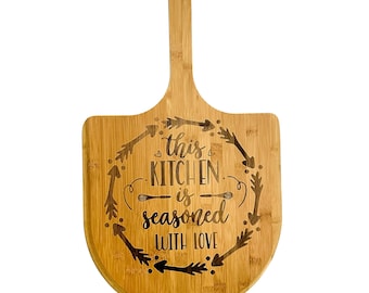 This kitchen is seasoned with love Bamboo Pizza Peel personalized - Custom Engraving for a Unique Touch to Any Kitchen or Restaurant