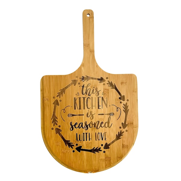 This kitchen is seasoned with love Bamboo Pizza Peel personalized - Custom Engraving for a Unique Touch to Any Kitchen or Restaurant