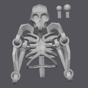 May include: A 3D model of a skeleton with a skull, ribcage, and arms. The skeleton is made of gray plastic and is posed in a standing position.