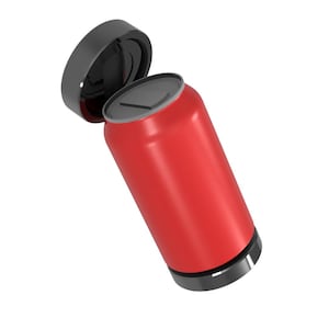 May include: A red insulated can with a black lid and base. The lid is open, revealing the interior. The can is designed to keep beverages cold. The can is made of metal and has a glossy finish.