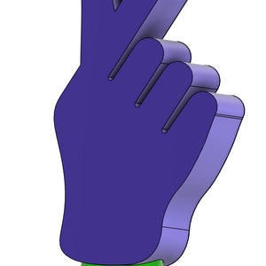 May include: A purple hand sculpture making the Korean heart sign, with a green base with cut-out hearts.